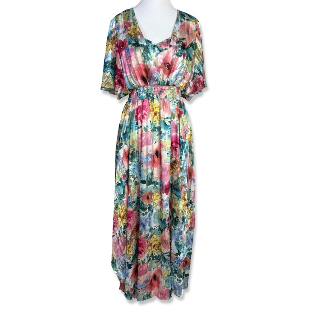 KENSIE Floral Flowy Flutter Sleeve Pleated Dress